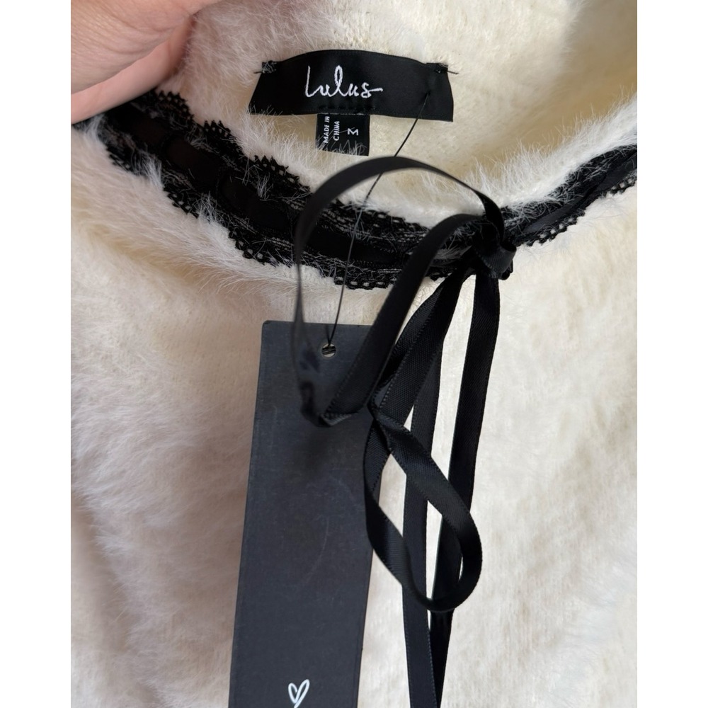 Lulus Cream Fuzzy Eyelash Knit Mini Dress Black Lace Trim Ribbon Tie Medium NEW - Picture 2 of 6